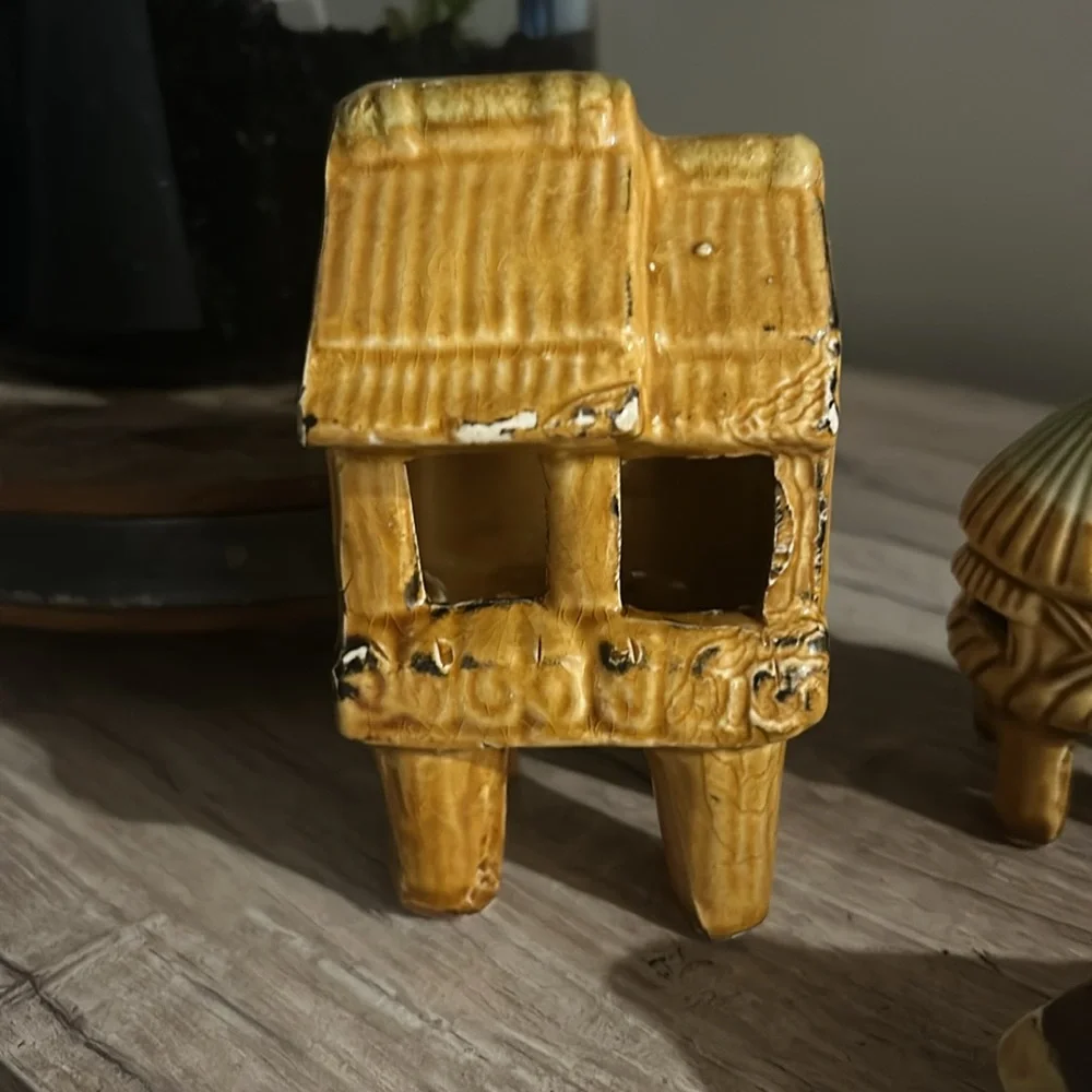 Tiki hut fish bowl tank mid century aquarium decor set